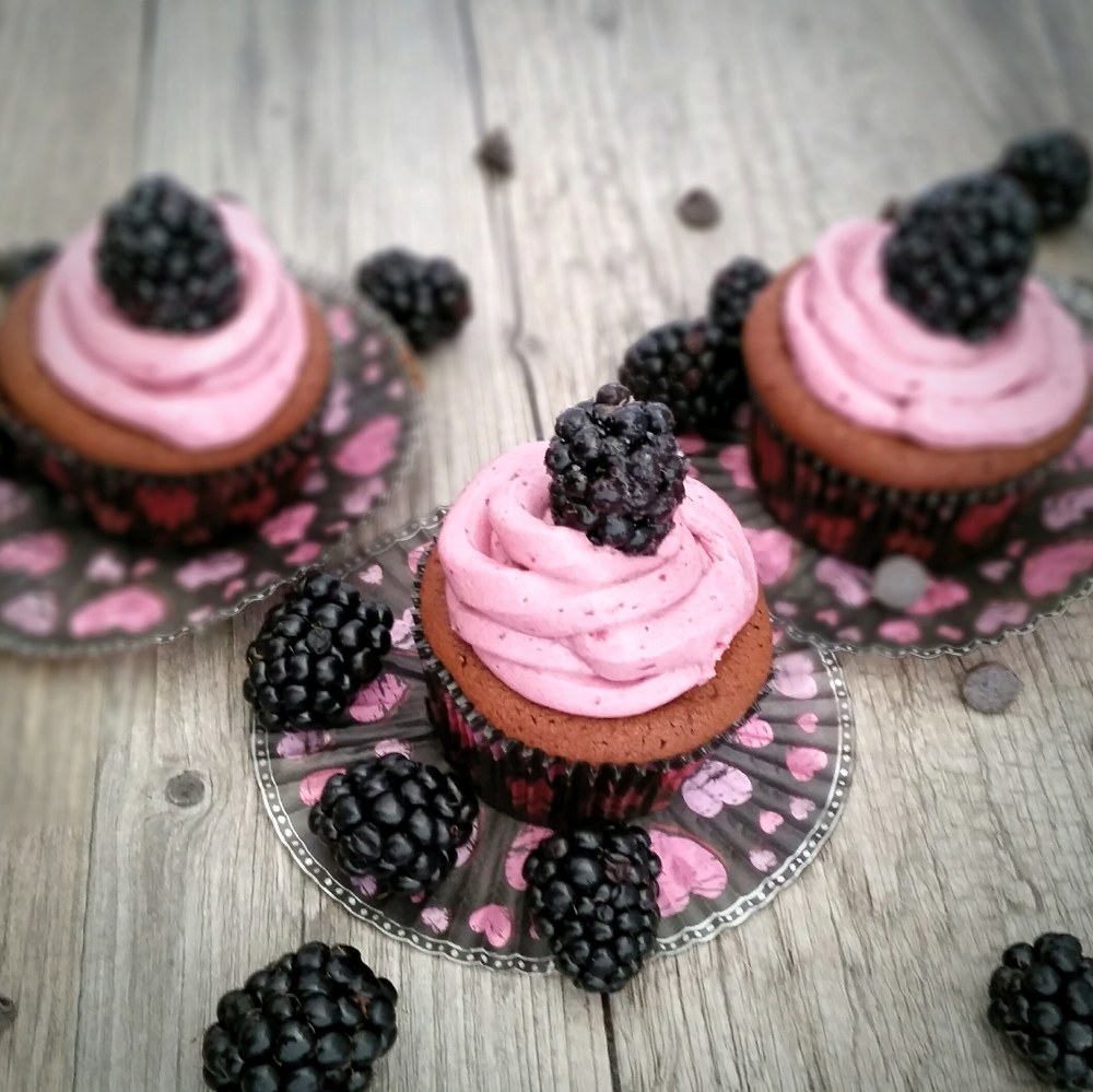Blackberry-Filled Dark Chocolate Cupcakes with a Blackberry Swiss Meringue Buttercream Frosting